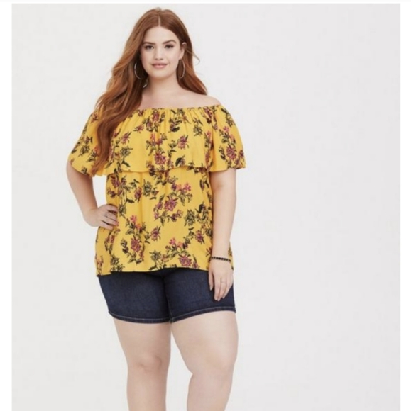 TORRID FLORAL CREPE EMBROIDERED RUFFLE OFF-SHOULDER TOP - Picture 2 of 9
